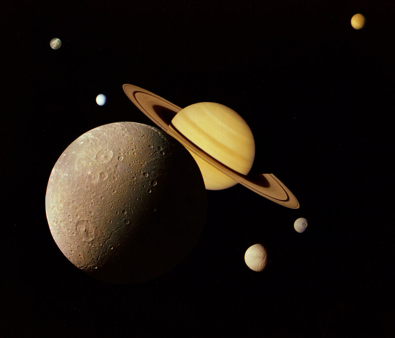 Saturn and Its Moons — Black, Dramatic, Night, Photograph, Planets