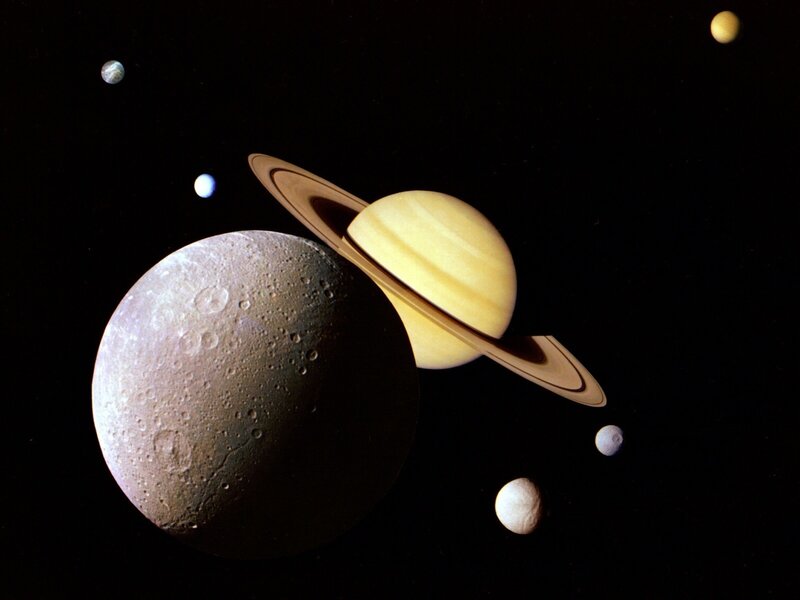 Saturn and Its Moons — Black, Dramatic, Night, Photograph, Rings