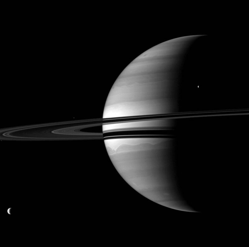 Saturn and Its Rings — Black, Dramatic, Night, Photograph, Moons