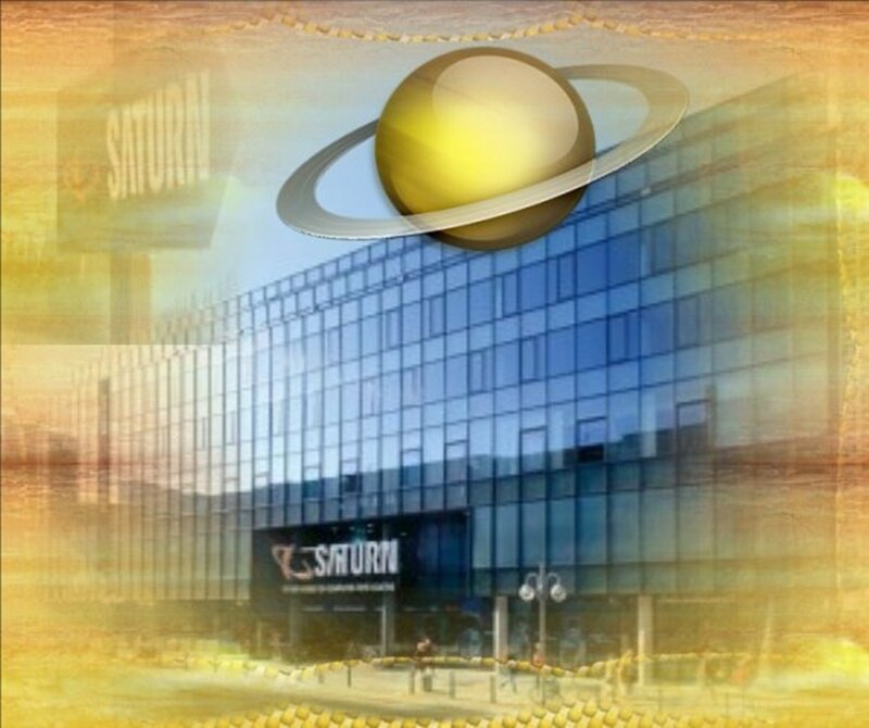Saturn building with planet overlay