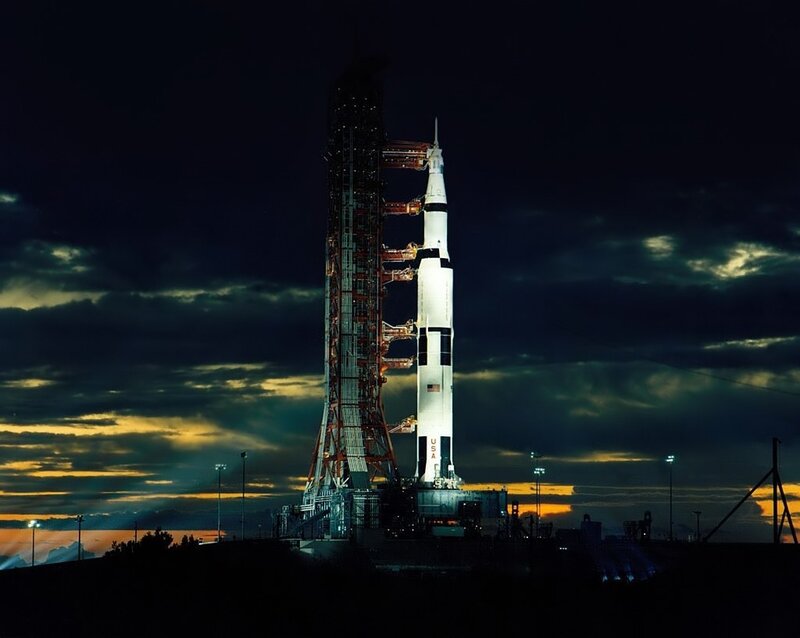Saturn V Rocket — Black, Dramatic, Night, Photograph, Launch Tower, Clouds