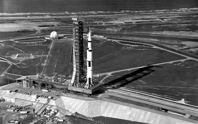 Saturn V Rocket on Launch Pad — Black, Dramatic