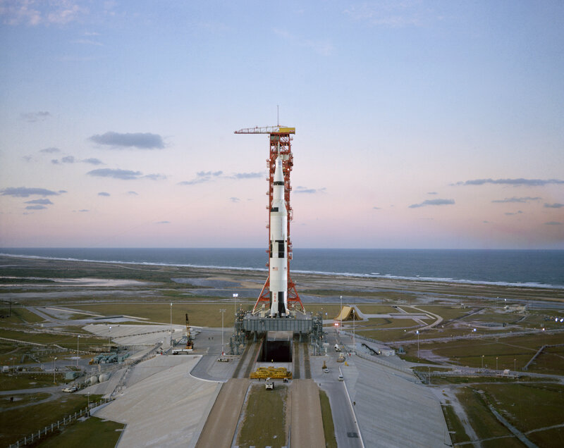 Saturn V Rocket on Launch Pad — Blue