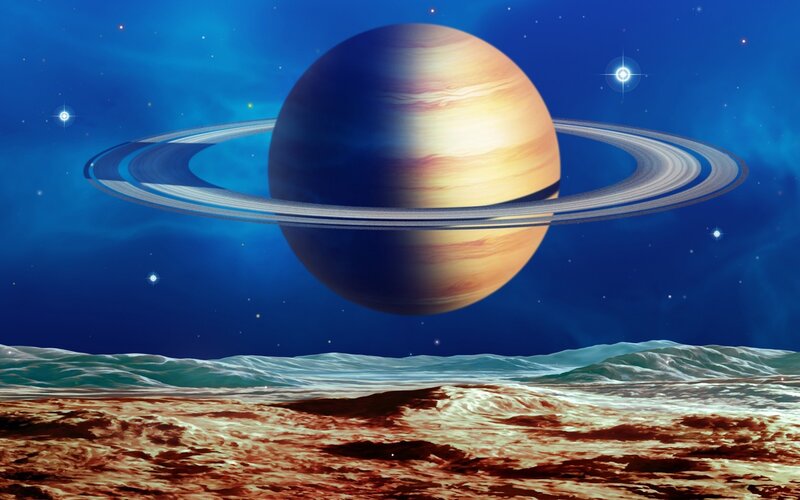 Saturn with rings from moon