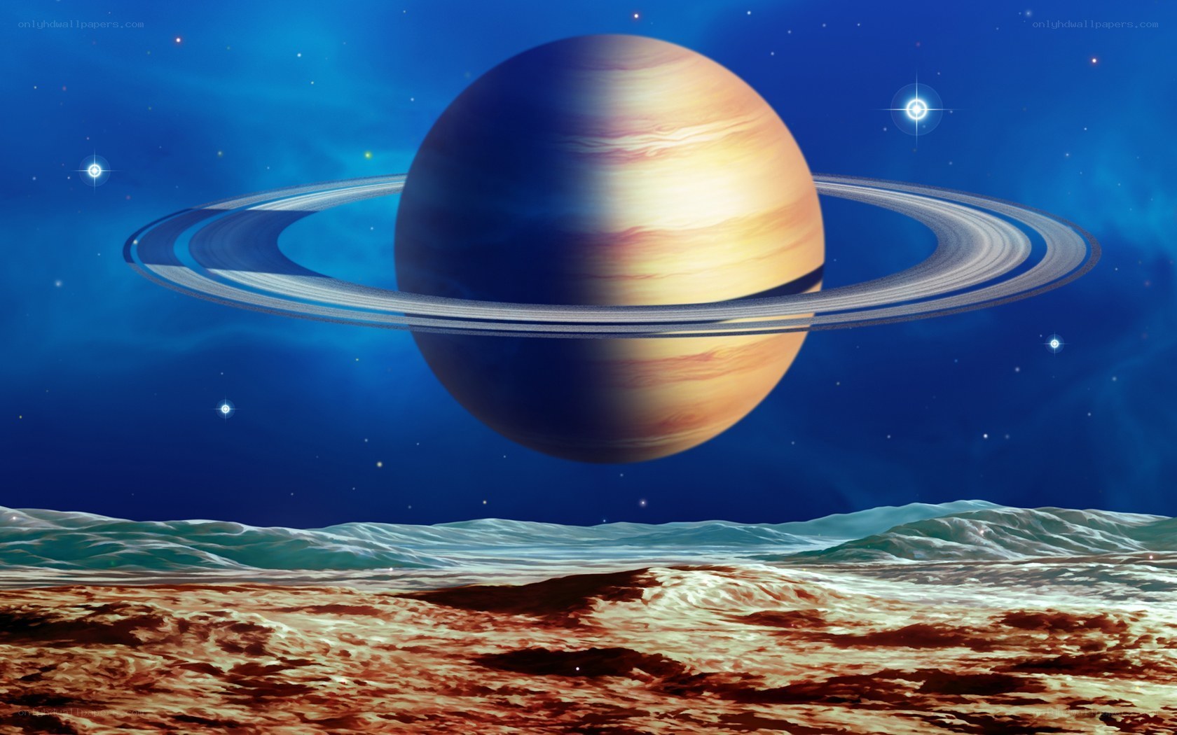 Saturn with rings from moon