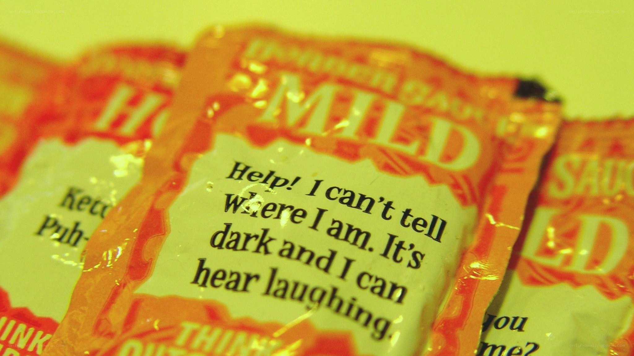Sauce packets with text