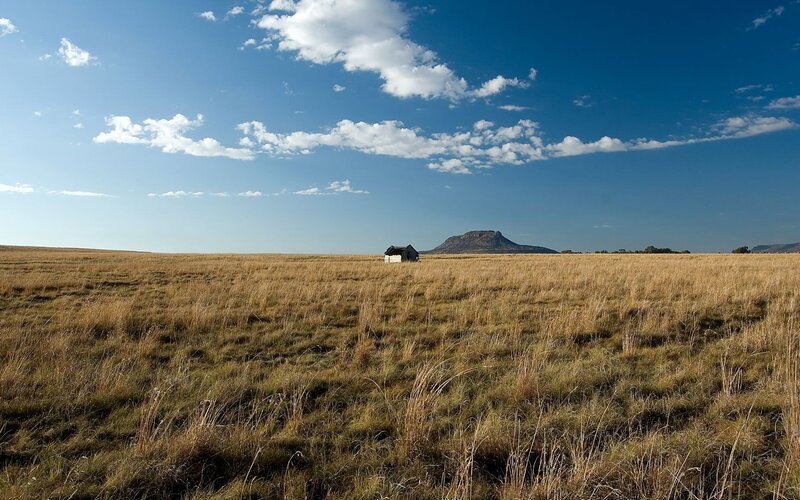 Savanna with hut and mountain