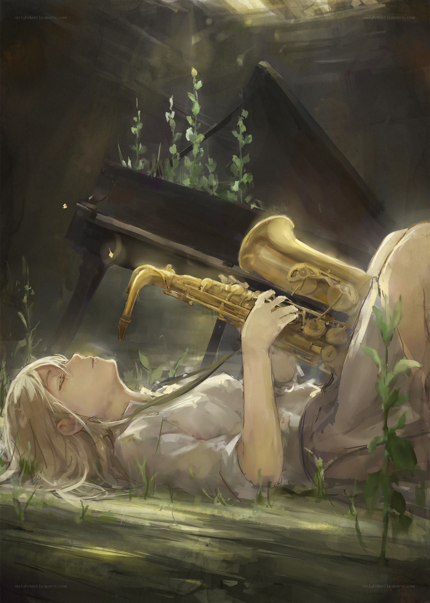 Saxophone player in overgrown room