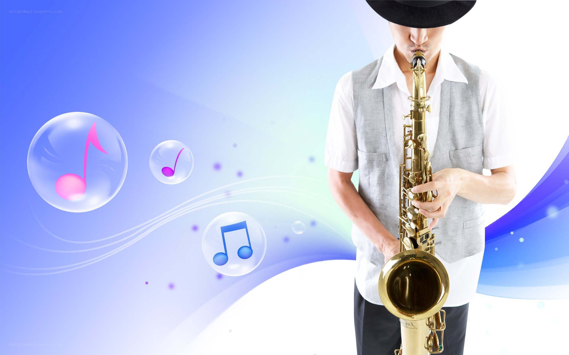 Saxophone player with music notes
