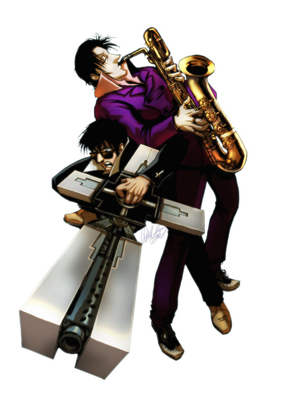 Saxophone player with weapon