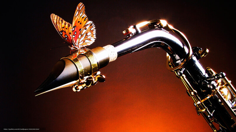 Saxophone with Butterfly — Black, Dramatic, Photograph
