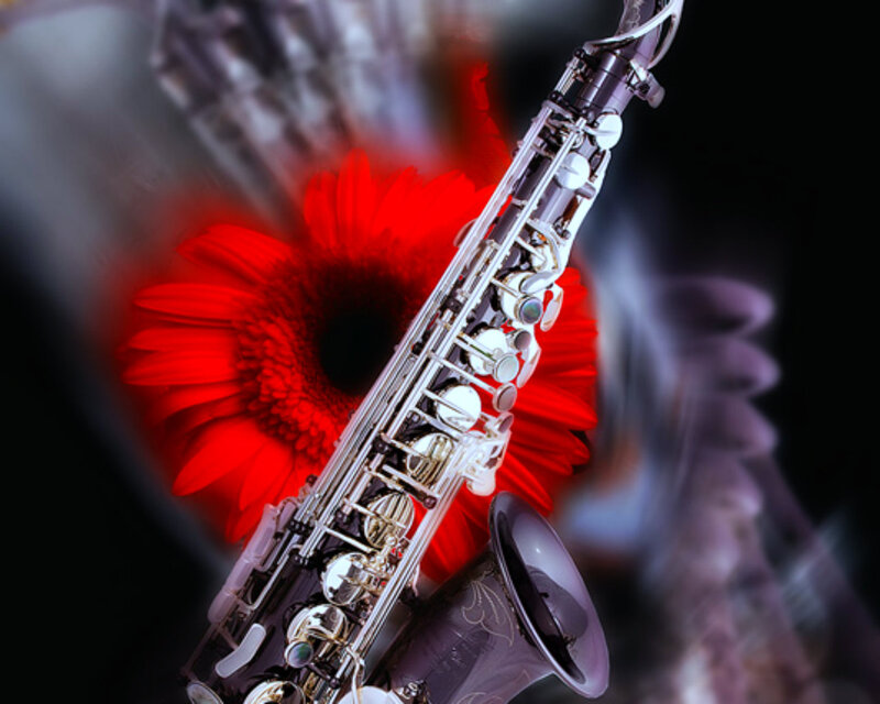 Saxophone with Red Flower — Dramatic