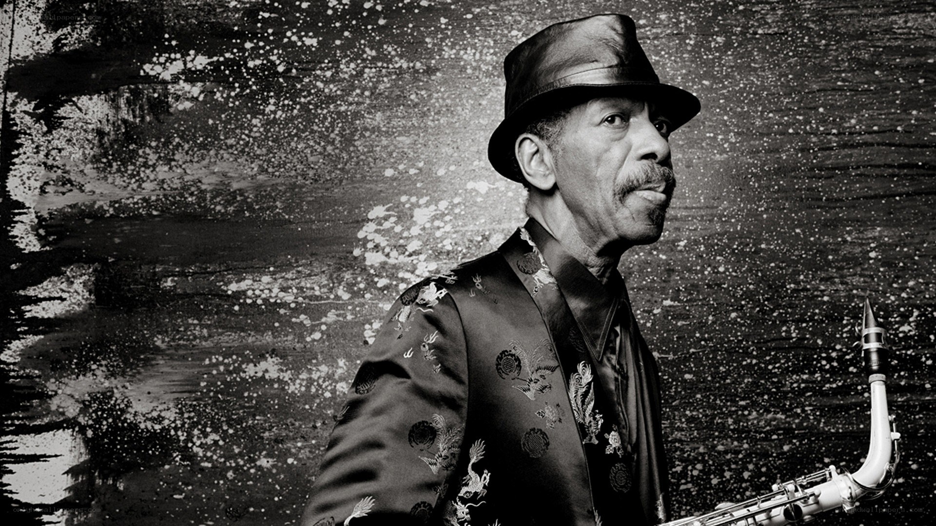 Saxophonist in a patterned jacket