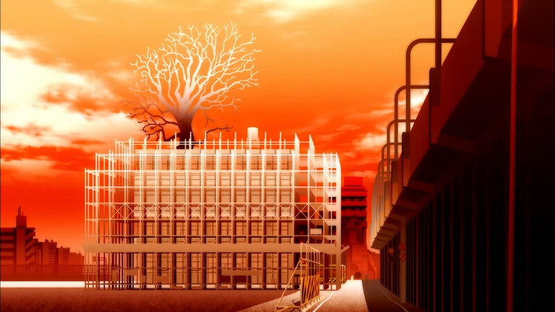scaffolded building at sunset