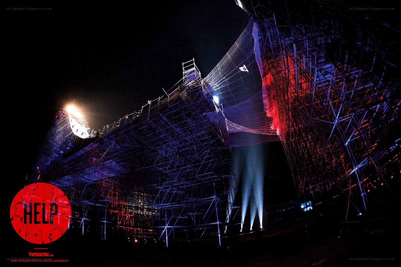 Scaffolding at night with lights