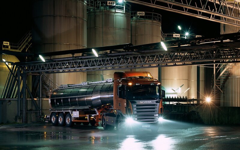 Scania tanker truck at night
