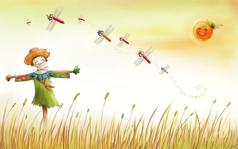 Scarecrow and dragonflies in a field