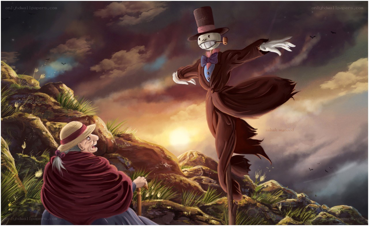 Scarecrow and old man at sunset