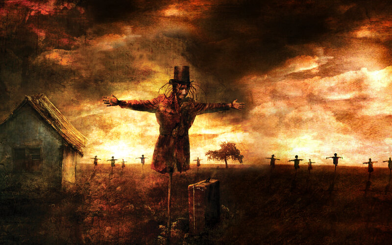 Scarecrow field at sunset