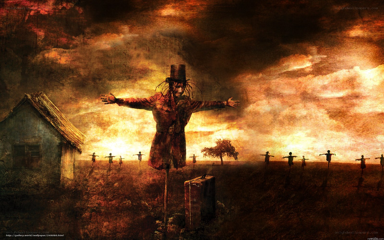 Scarecrow field at sunset
