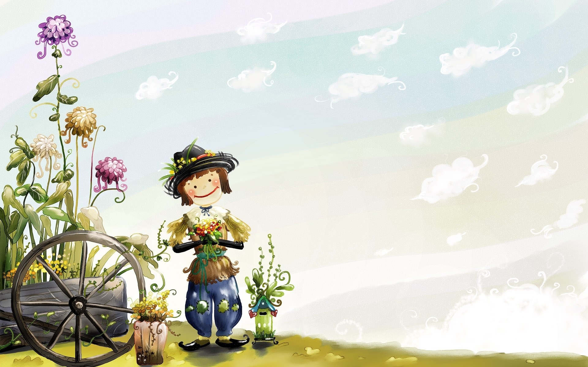 Scarecrow in a flower garden