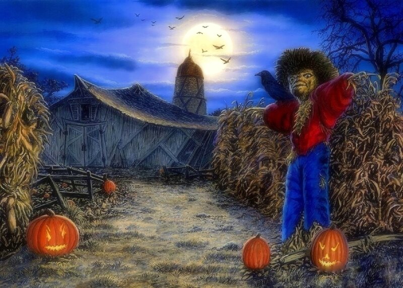Scarecrow in Cornfield — Blue, Spooky