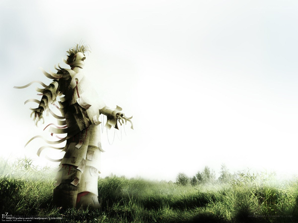 scarecrow in misty field
