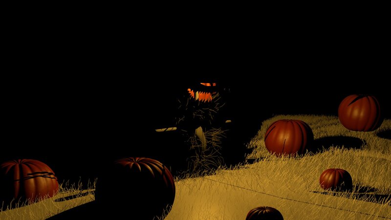 Scarecrow in Pumpkin Patch — Black, Dark, Night, 3d Render