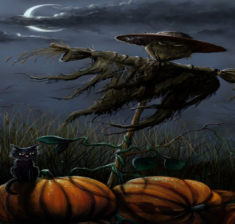 Scarecrow in Pumpkin Patch — Orange, Creepy, Night