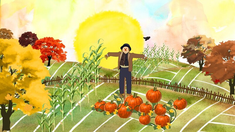 Scarecrow in Pumpkin Patch — Yellow