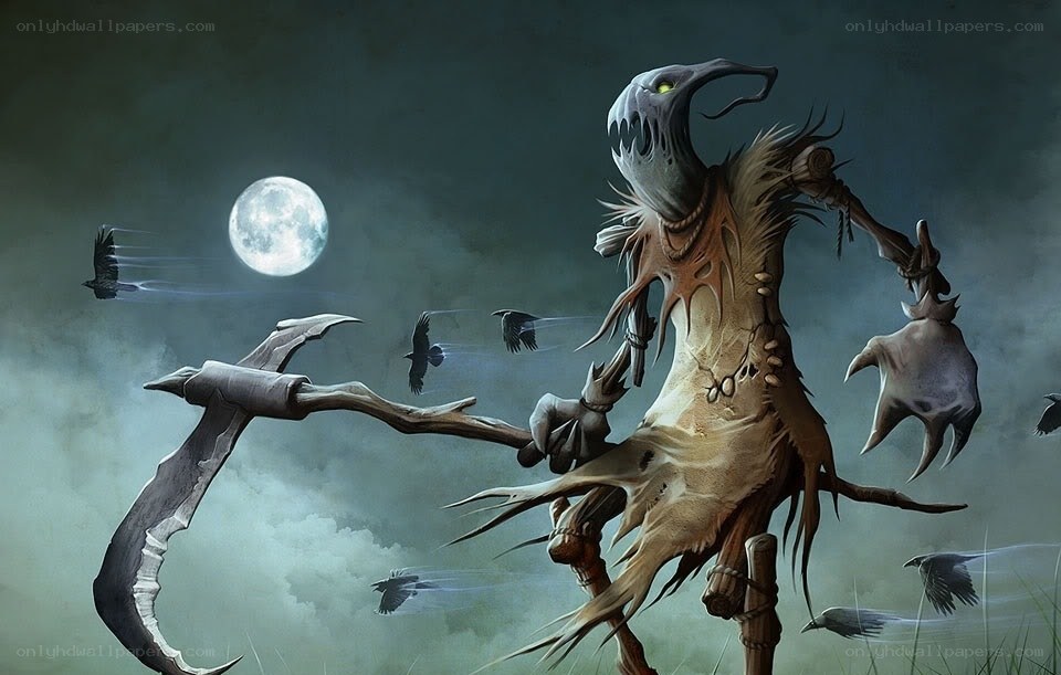 Scarecrow monster under moonlight