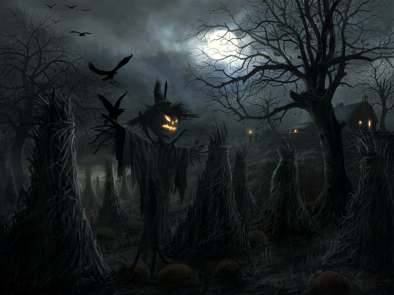 Scarecrow with Pumpkin Head — Black, Creepy, Night
