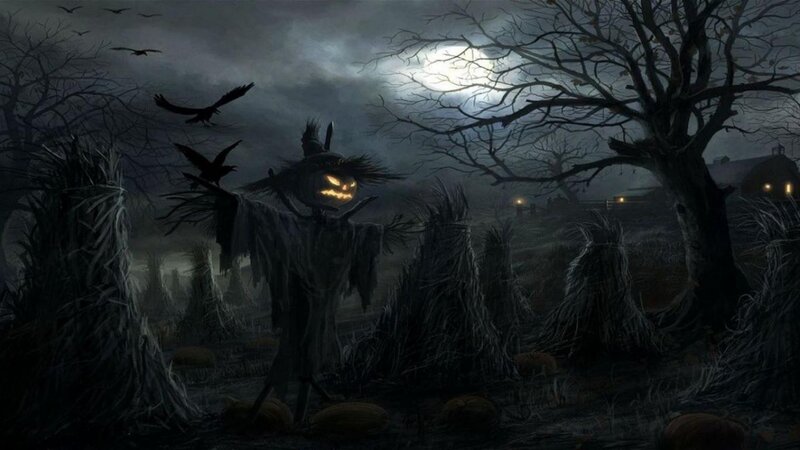Scarecrow with Pumpkin Head — Black, Dark, Night, Digital Art, Crows, Moon