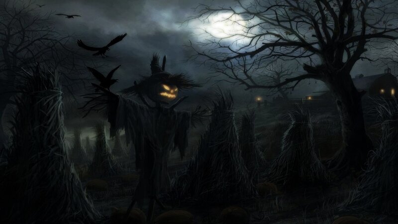 Scarecrow with Pumpkin Head — Black, Dark, Night, Digital Art, Crows, Moon, Trees, Pumpkins