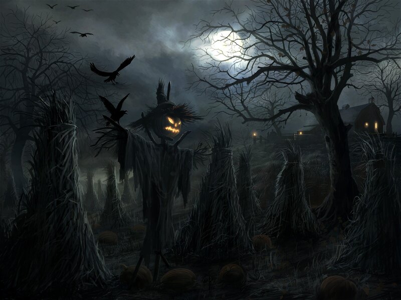 Scarecrow with Pumpkin Head — Black, Dark, Night, Digital Art, Crows