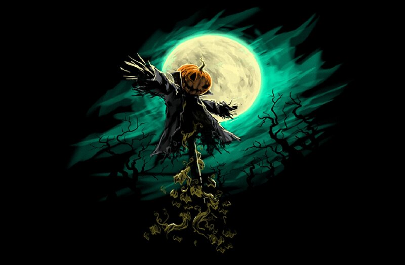 Scarecrow with Pumpkin Head — Black, Dark, Night, Digital Art