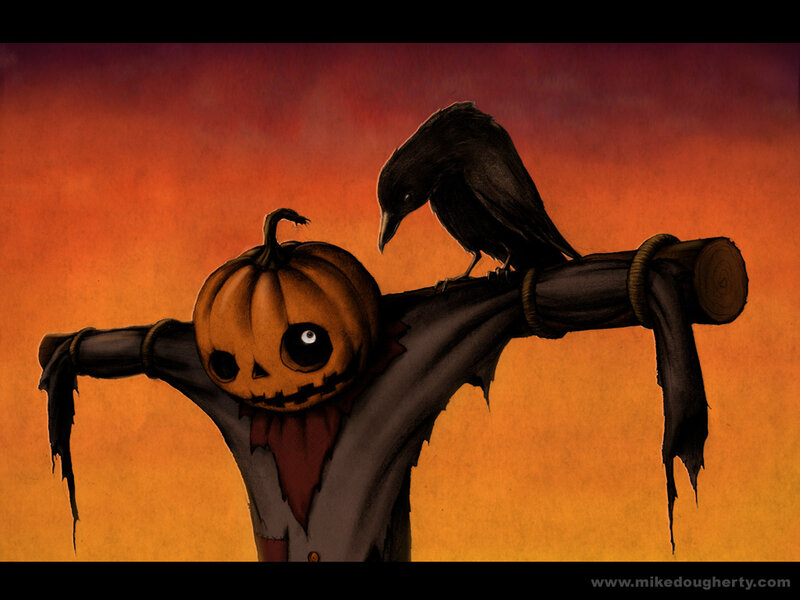 Scarecrow with Pumpkin Head — Orange, Creepy, Sunset, Digital Art