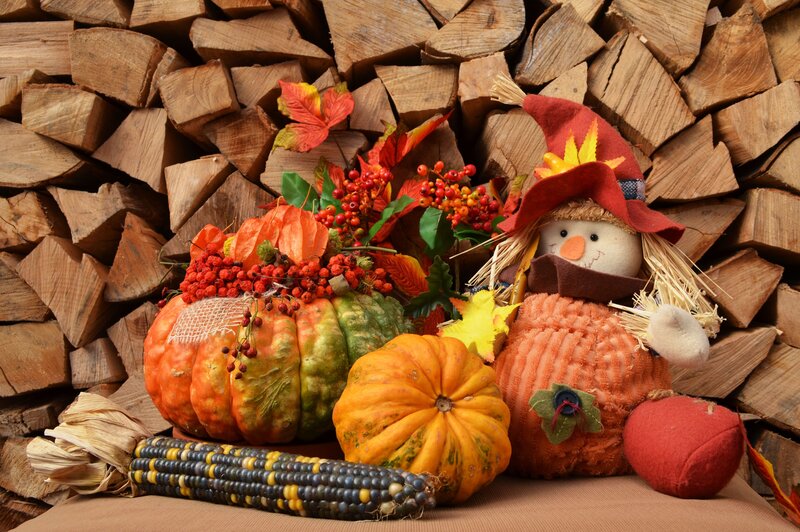 Scarecrow with Pumpkins — Orange, Festive, Autumn, Photograph, Corn