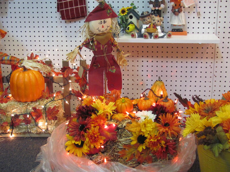 Scarecrow with Pumpkins — Orange, Festive, Autumn, Photograph, Flowers