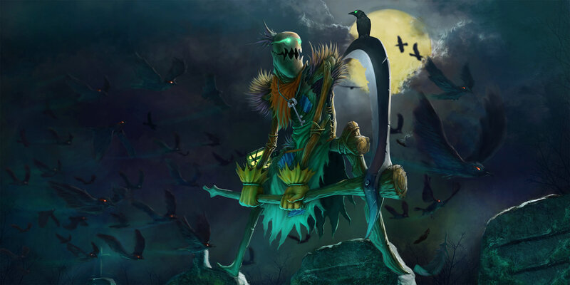 Scarecrow with scythe at night