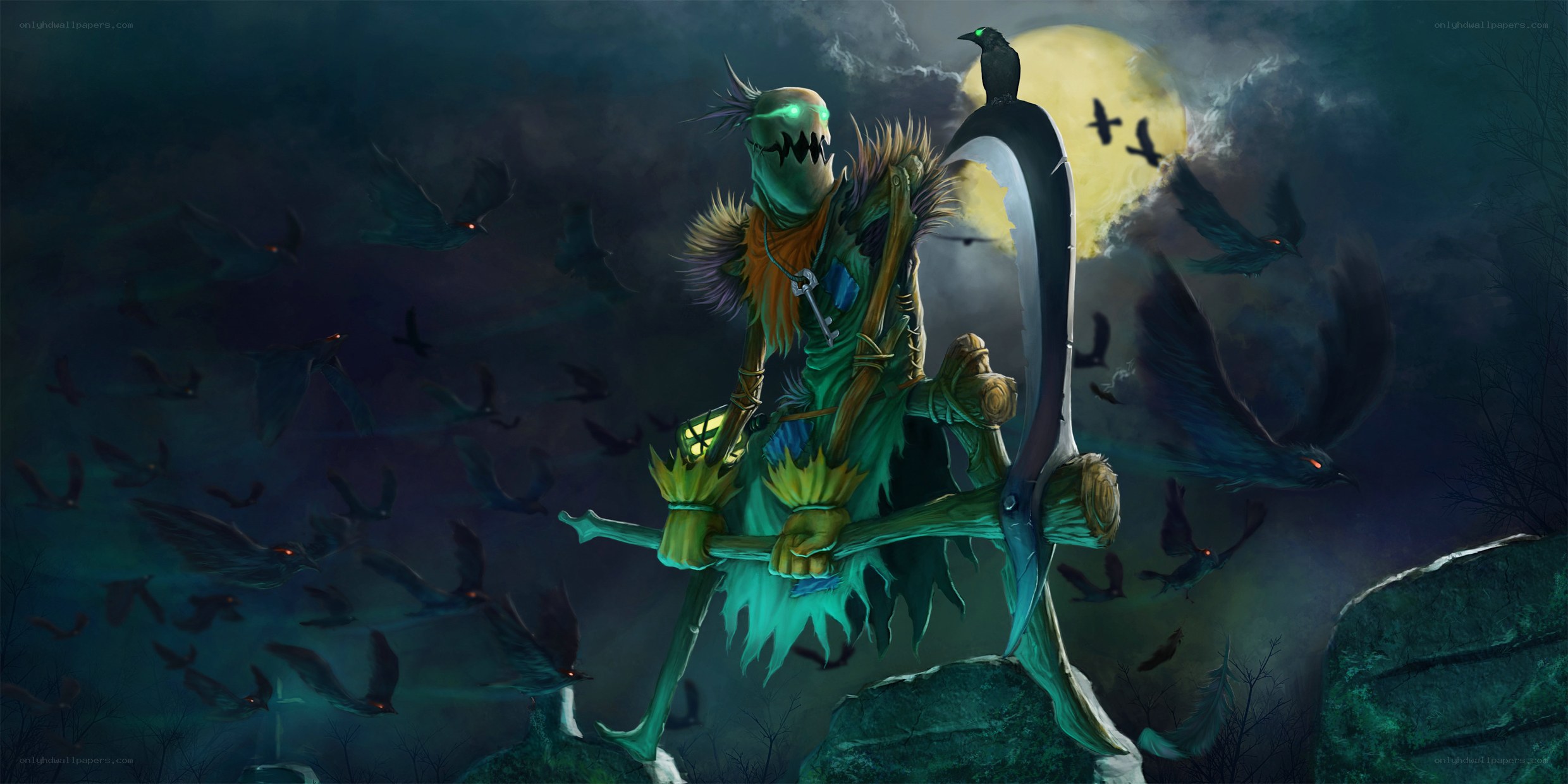 Scarecrow with scythe at night