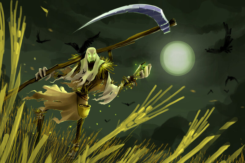 Scarecrow with scythe in field