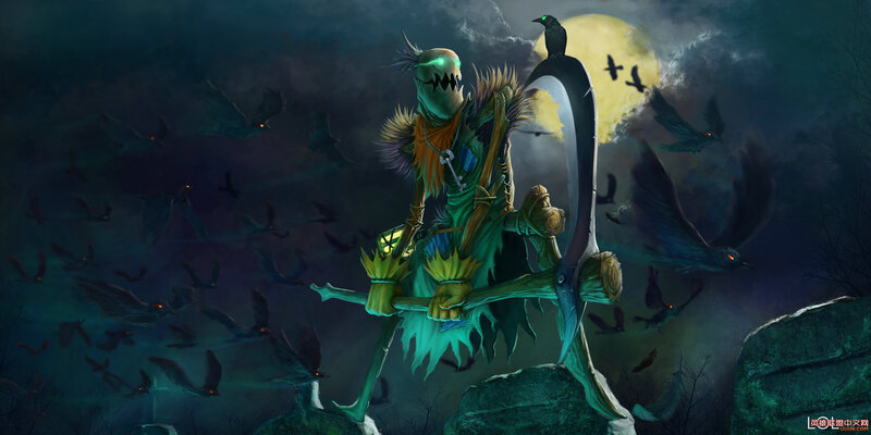 Scarecrow with scythe under moonlight