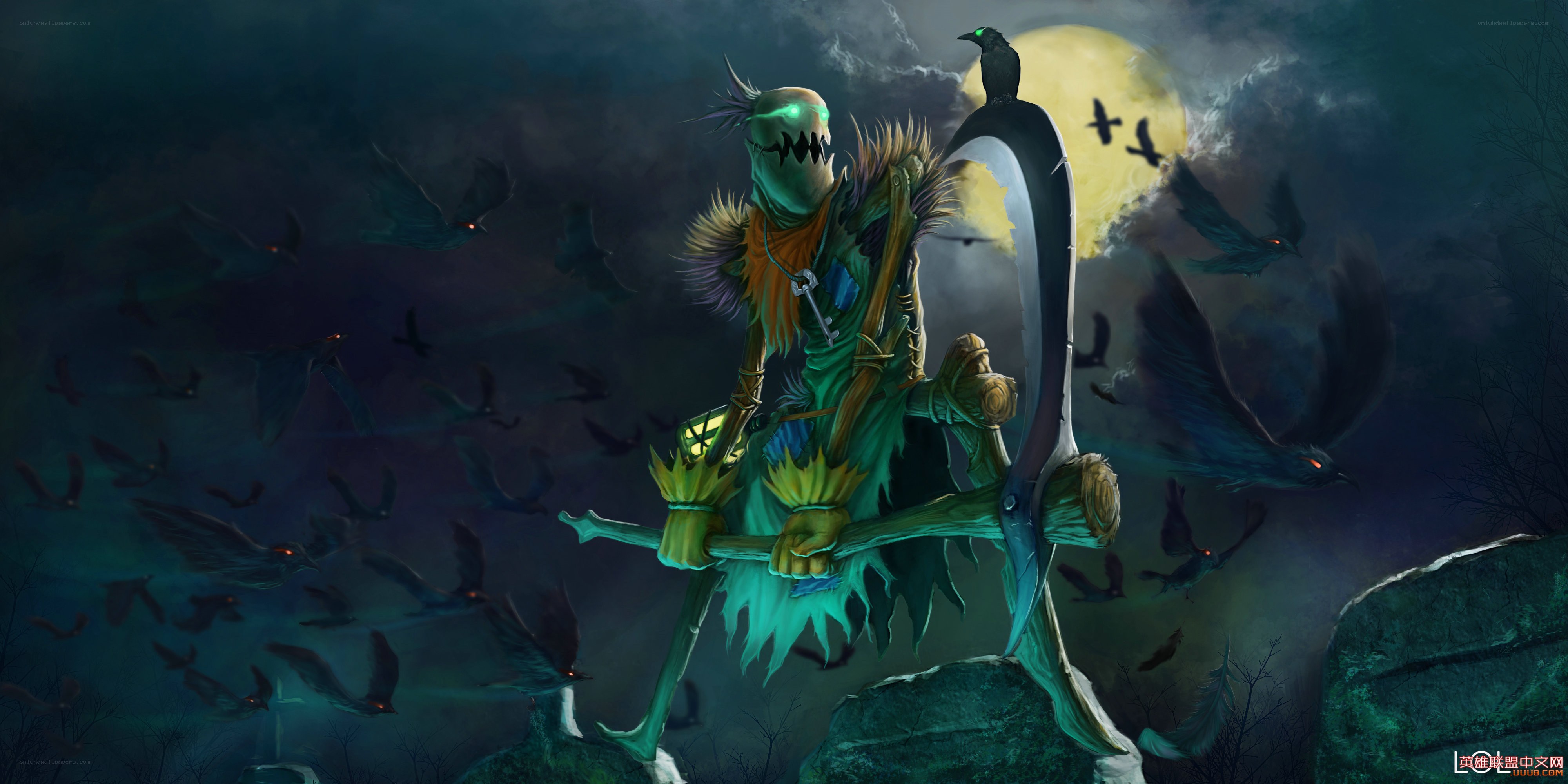 Scarecrow with scythe under moonlight