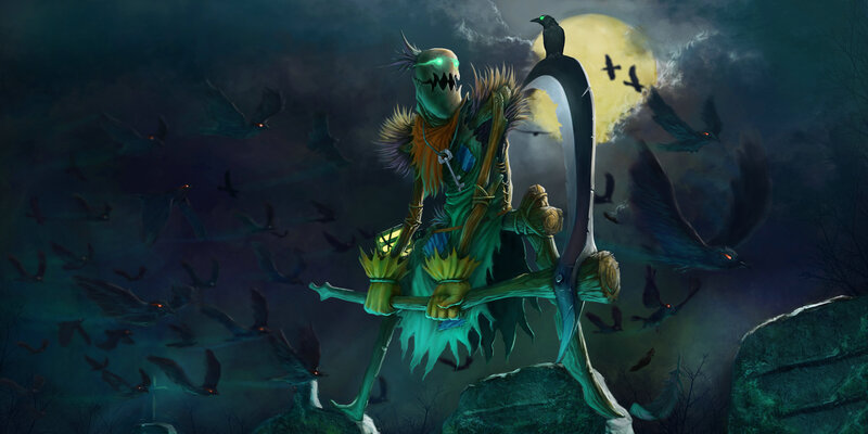 Scarecrow with scythe under moonlight