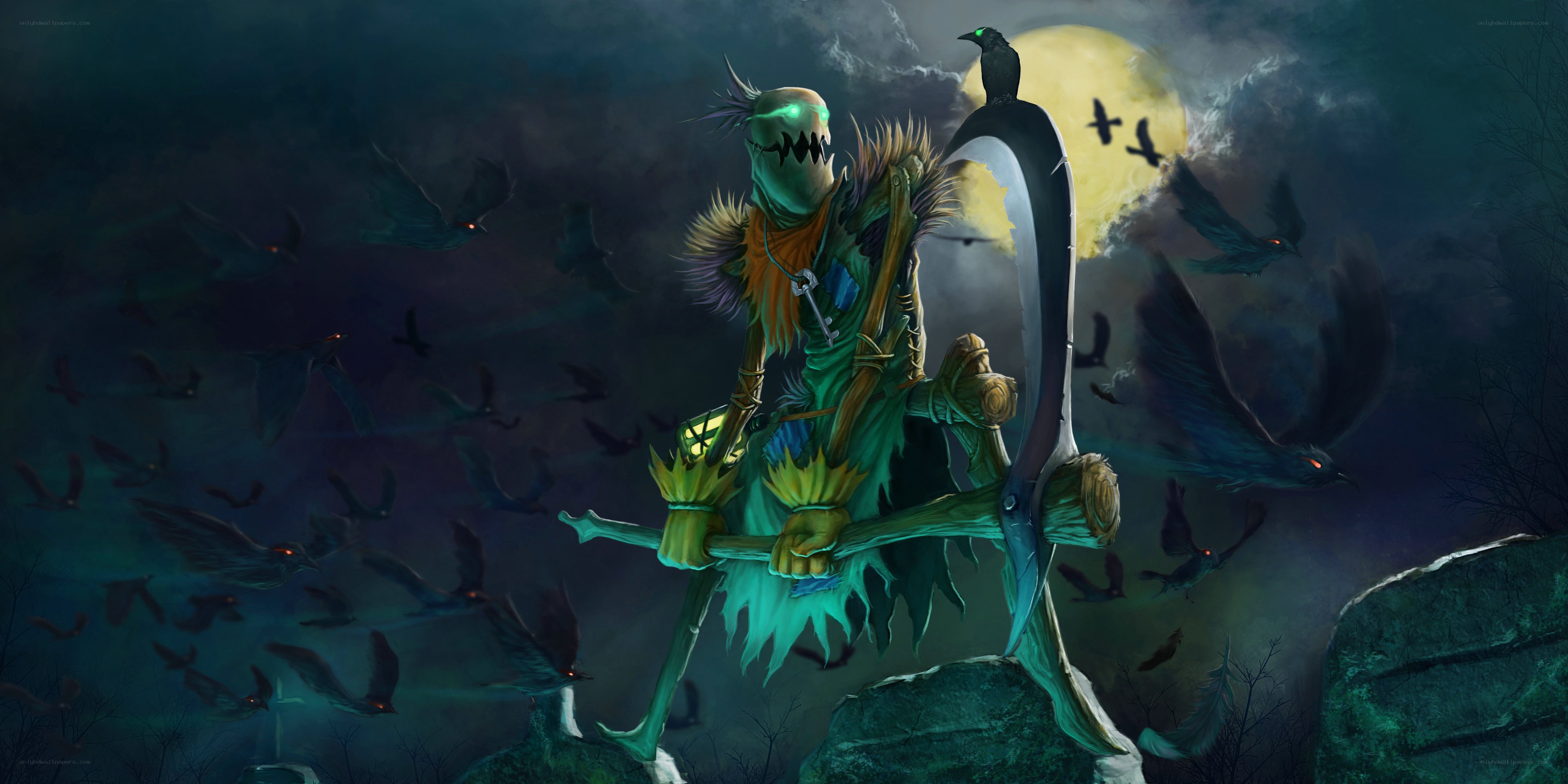 Scarecrow with scythe under moonlight