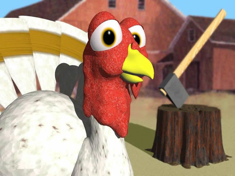 scared turkey with axe