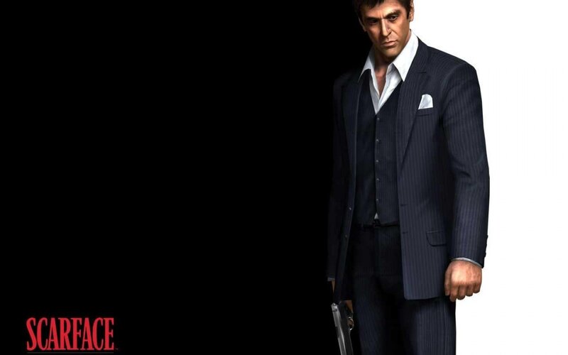 Scarface character in pinstripe suit