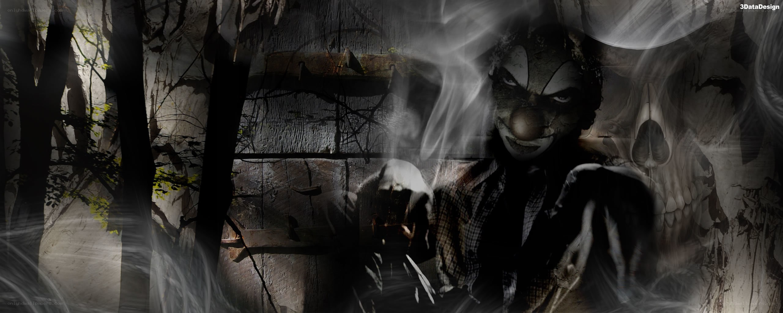 scary clown in haunted forest