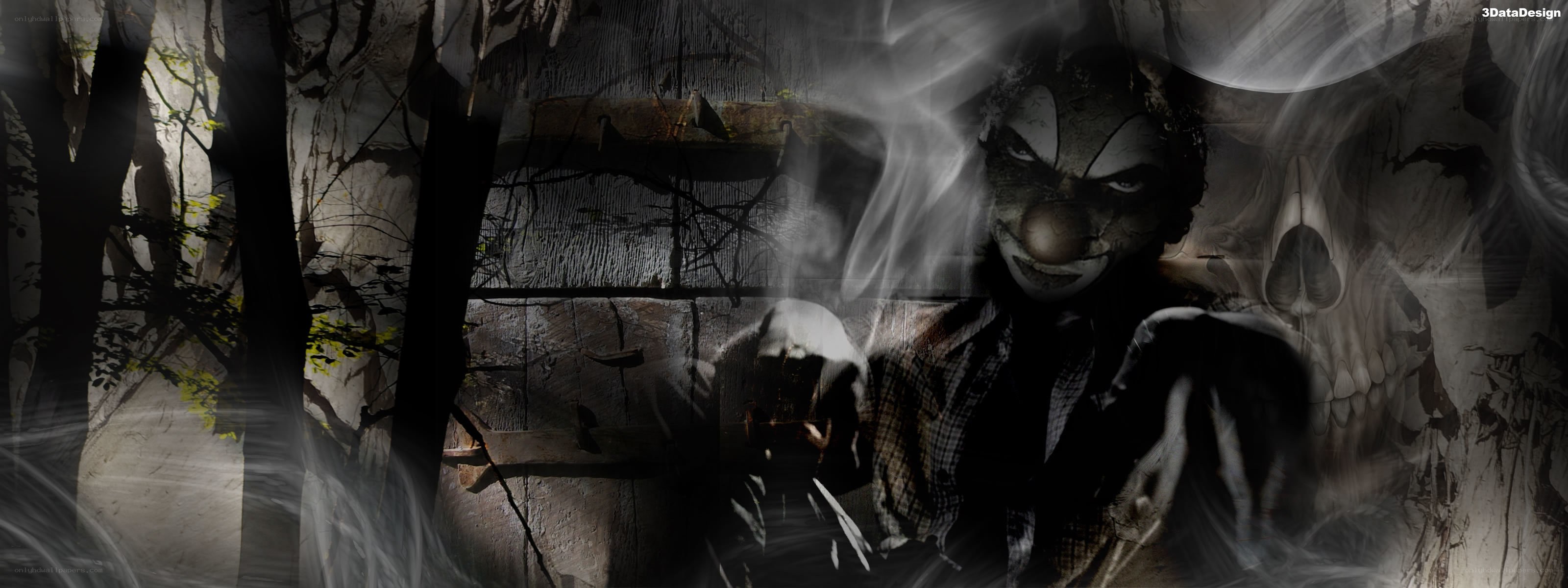 scary clown in haunted forest